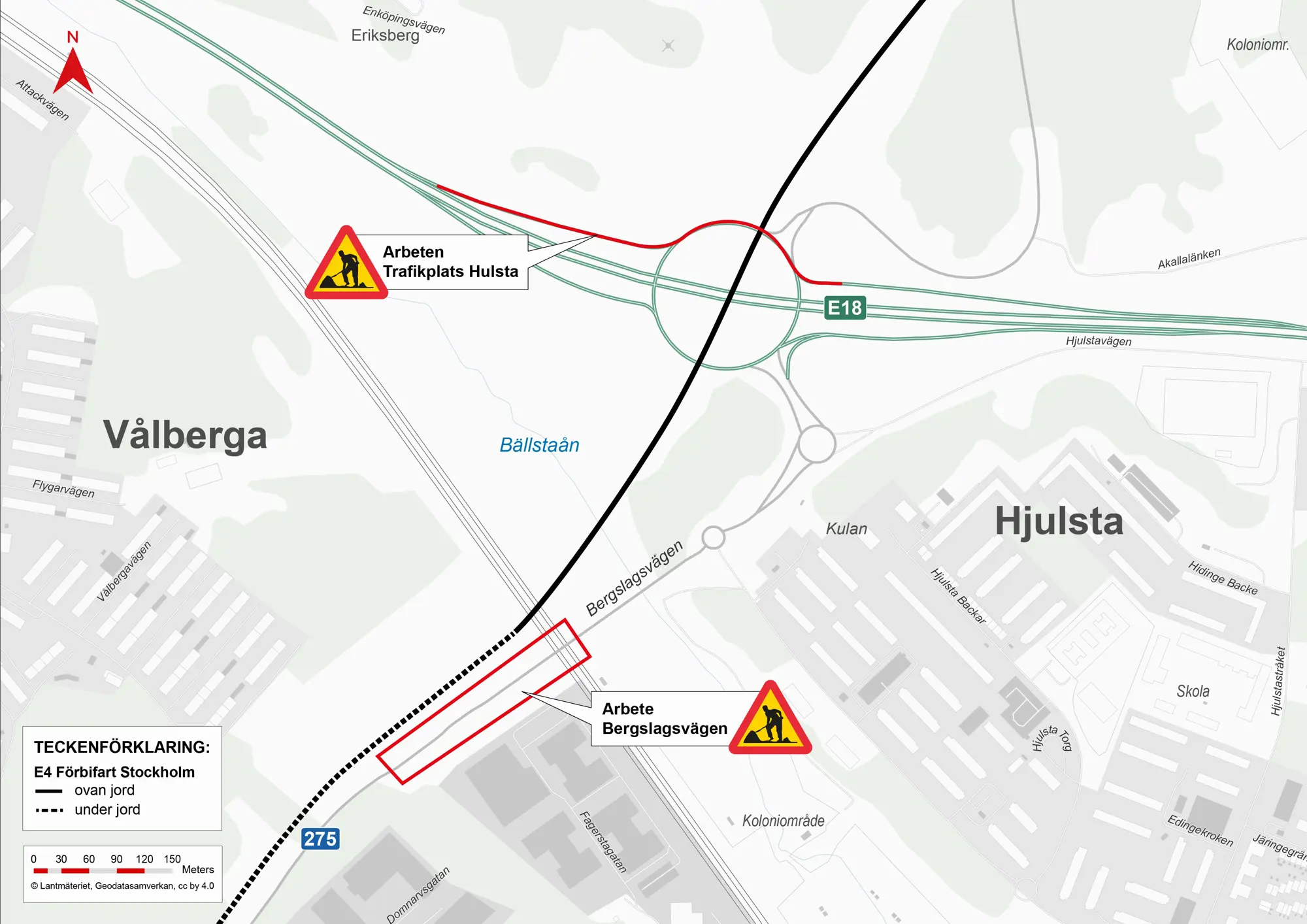 Karta visar arbetsområdet vid Trafikplats Hjulsta och Bergslagsvägen.