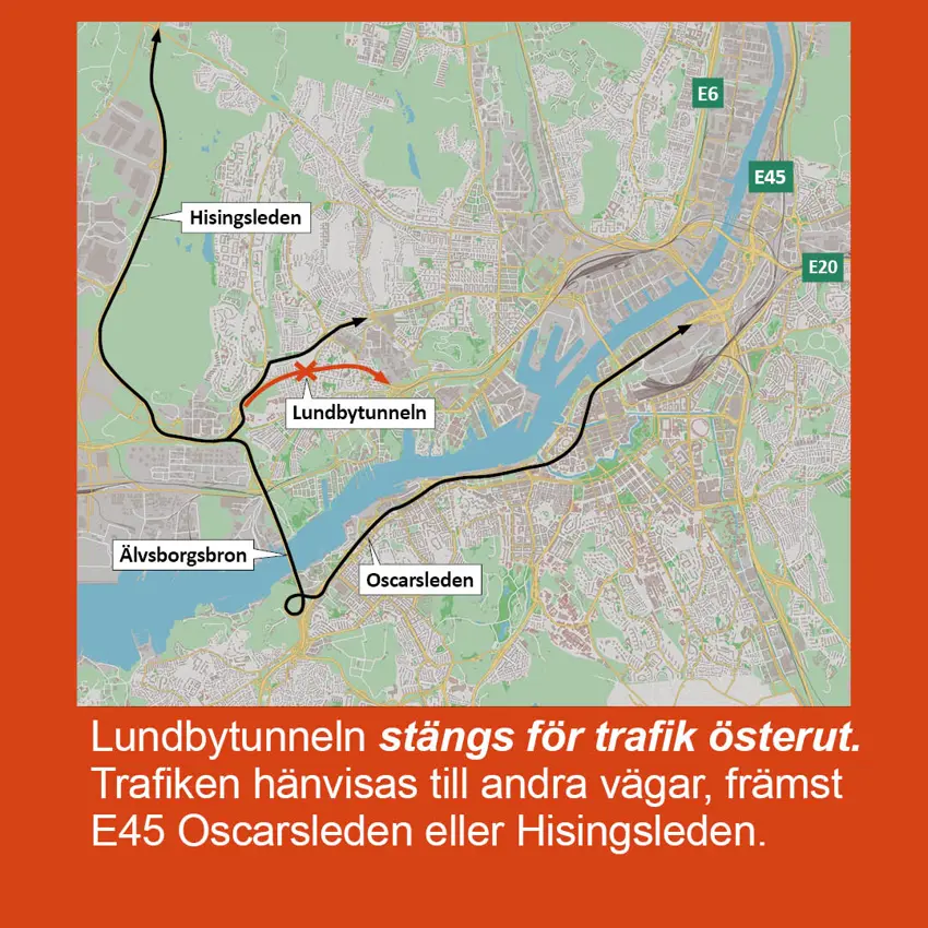 Karta som visar hur trafiken leds om när Lundbytunneln stängs österut
